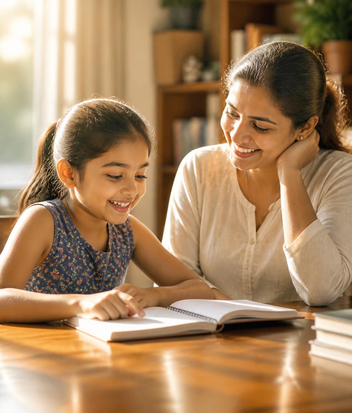 A parent and child learning together at a sunlit table